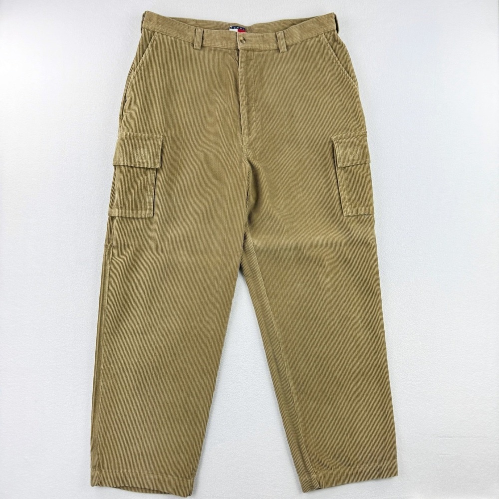 Tommy Hilfiger Corduroy Cargo Pants Mens 36x30 Tan Khaki Baggy 90s‎ *READ